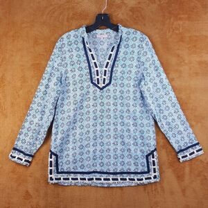 SAINT TROPEZ WEST Womens Top Small Blue Floral Pullover Tunic Crochet Woven Trim